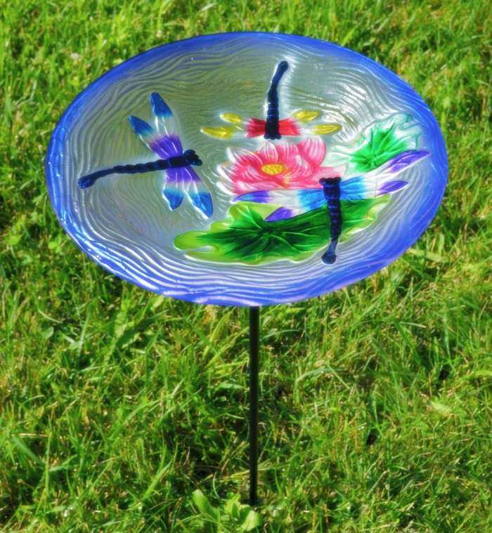 Embossed Dragonfly Trio Bird Bath w/Stake